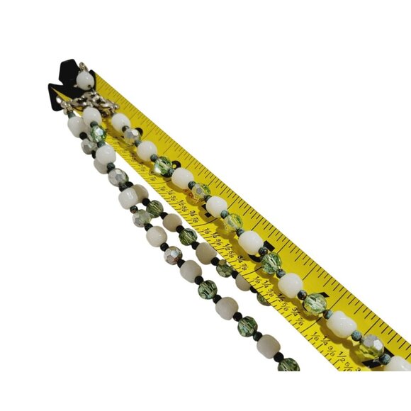 Vintage 60s Mint Green Crystal & Milk Glass Triple Strand Necklace Adjustable - Picture 5 of 6